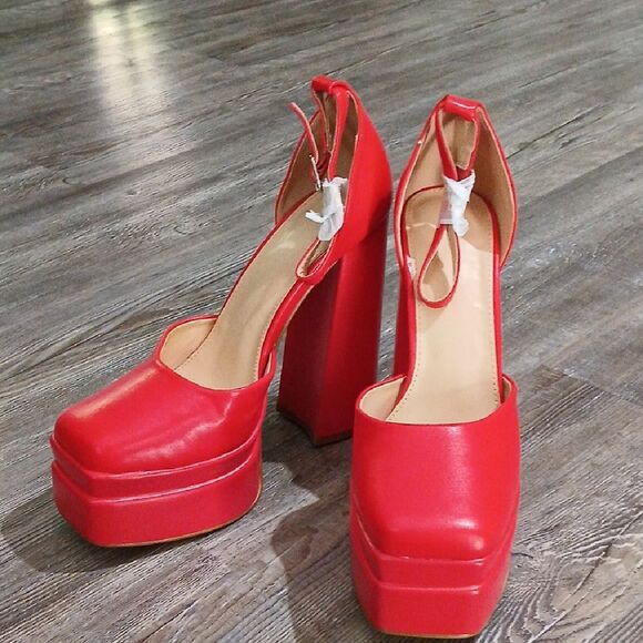 Platform chunky high block square toe platform  6" heeled shoes Sz 8.5 NWOT - Picture 1 of 7